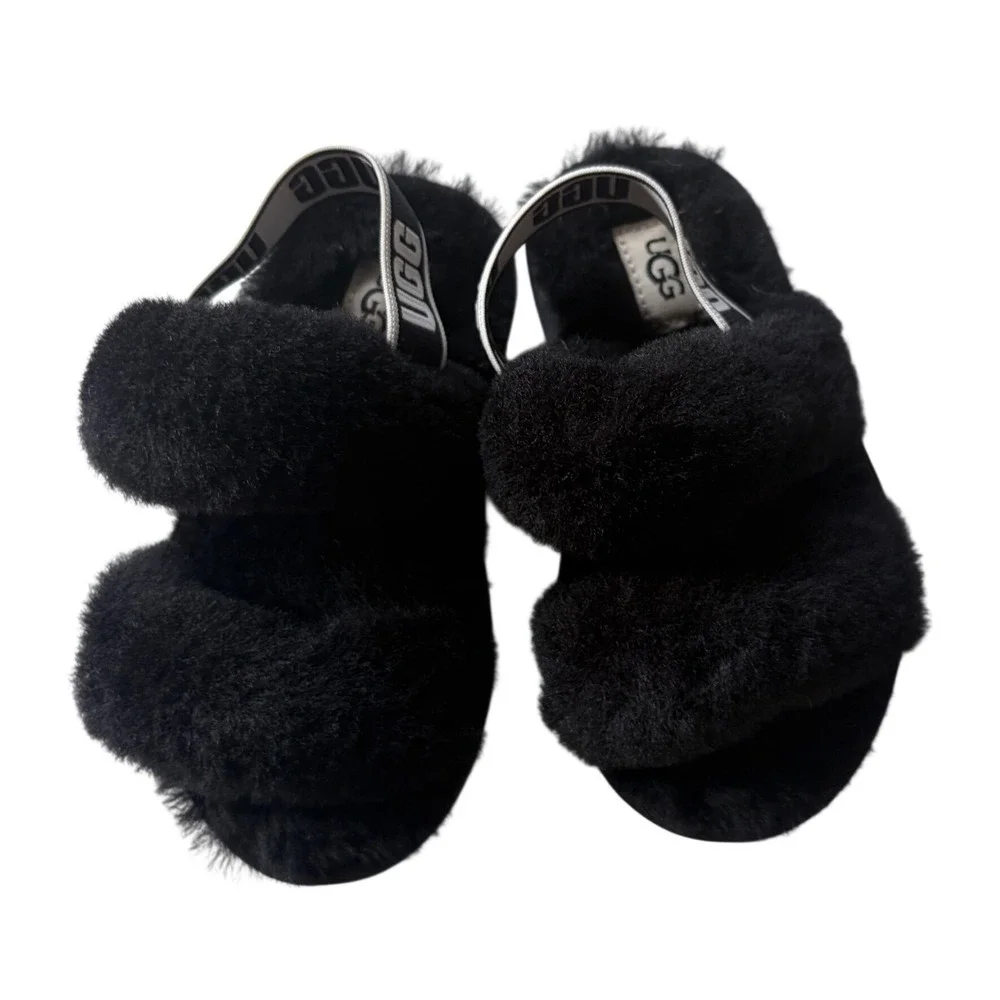 UGG Toddler Fluff Yeah Slide Black‎ Sheepskin Slingback Sandals 1116636T Size 9